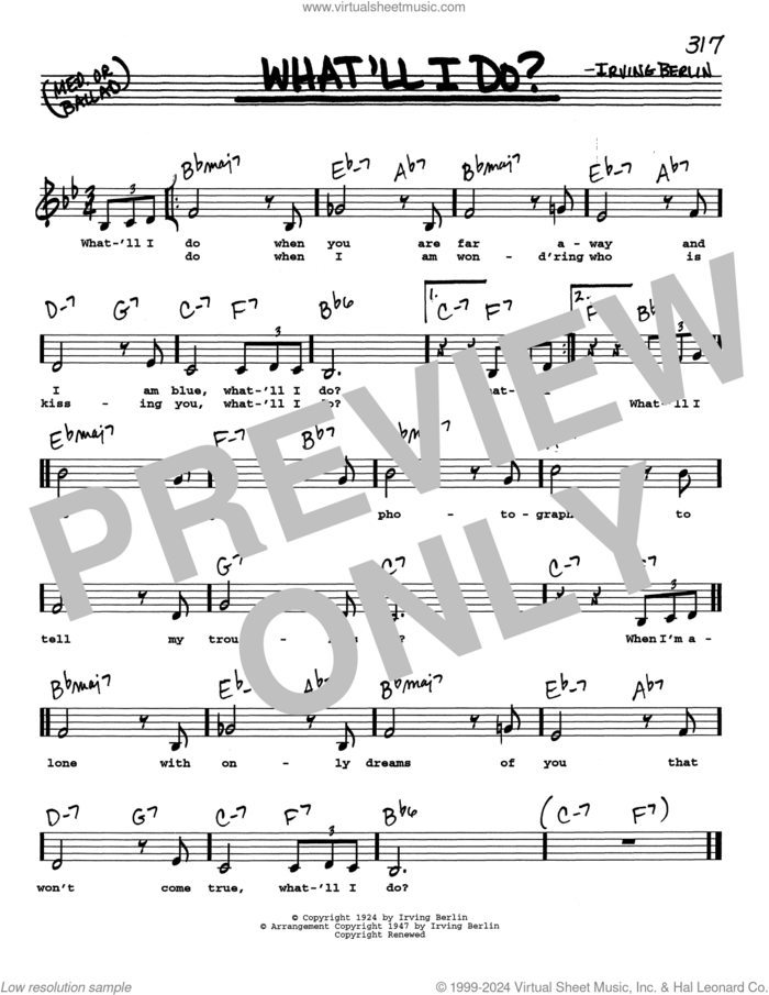What'll I Do? (Low Voice) sheet music for voice and other instruments (real book with lyrics) by Irving Berlin, intermediate skill level