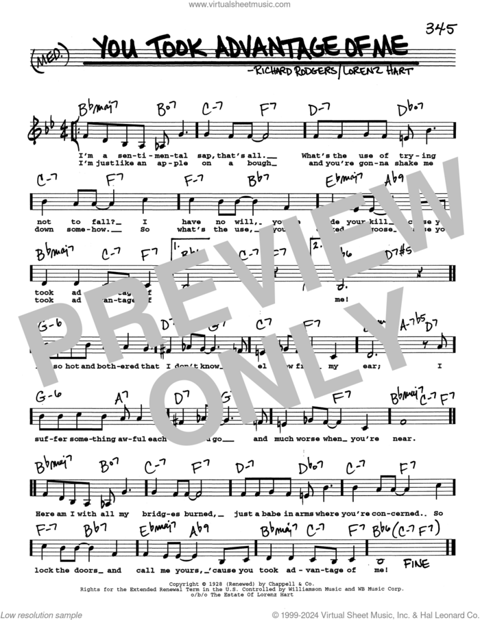 You Took Advantage Of Me (Low Voice) sheet music for voice and other instruments (real book with lyrics) by Richard Rodgers, Lorenz Hart and Rodgers & Hart, intermediate skill level