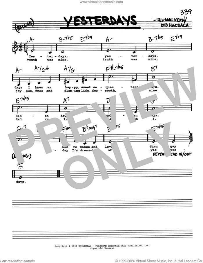 Yesterdays (Low Voice) sheet music for voice and other instruments (real book with lyrics) by Jerome Kern and Otto Harbach, intermediate skill level