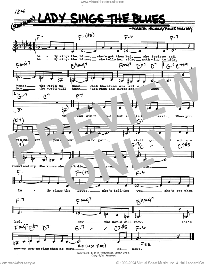 Lady Sings The Blues (Low Voice) sheet music for voice and other instruments (real book with lyrics) by Billie Holiday and Herbie Nichols, intermediate skill level