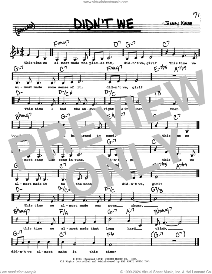 Didn't We (Low Voice) sheet music for voice and other instruments (real book with lyrics) by Jimmy Webb, intermediate skill level