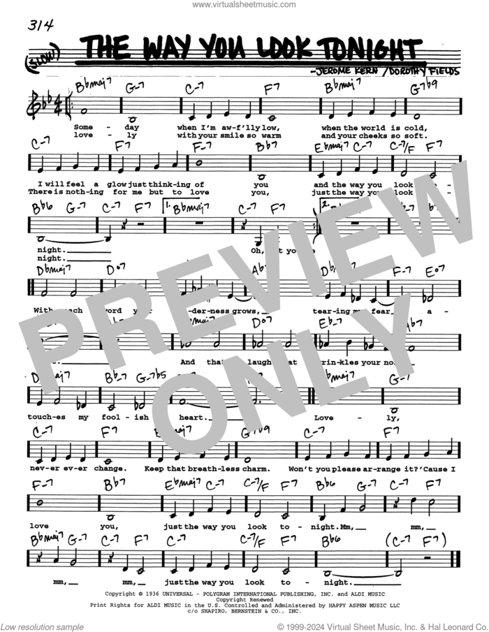 The Way You Look Tonight (Low Voice) sheet music for voice and other instruments (real book with lyrics) by Jerome Kern and Dorothy Fields, intermediate skill level