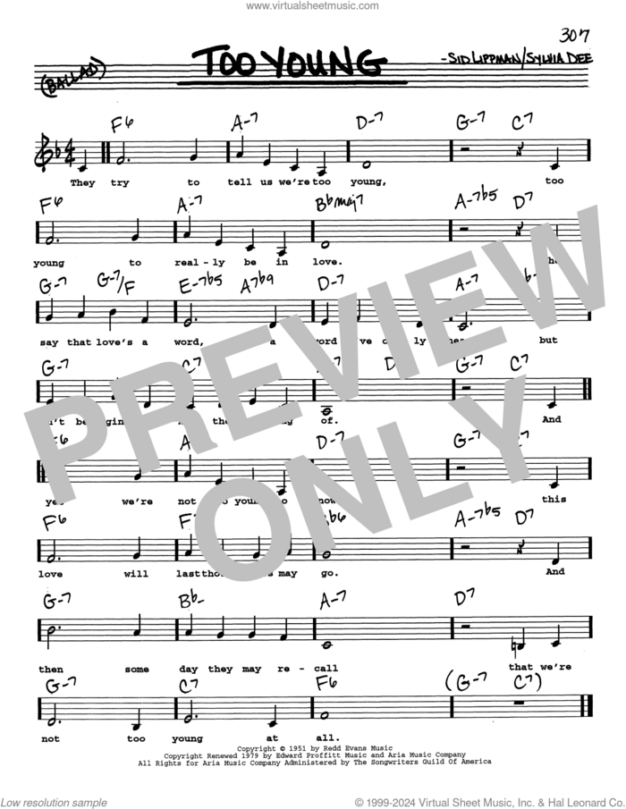 Too Young (Low Voice) sheet music for voice and other instruments (real book with lyrics) by Sylvia Dee and Sid Lippman, intermediate skill level