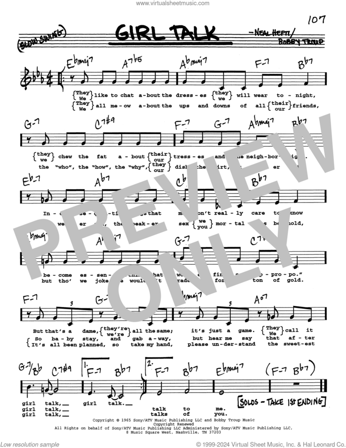 Girl Talk (Low Voice) sheet music for voice and other instruments (real book with lyrics) by Neal Hefti and Bobby Troup, intermediate skill level