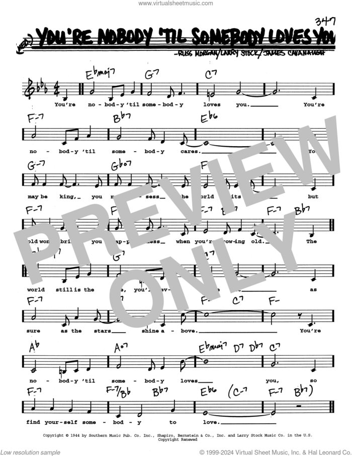 You're Nobody 'til Somebody Loves You (Low Voice) sheet music for voice and other instruments (real book with lyrics) by Dean Martin, Frank Sinatra, James Cavanaugh, Larry Stock and Russ Morgan, intermediate skill level
