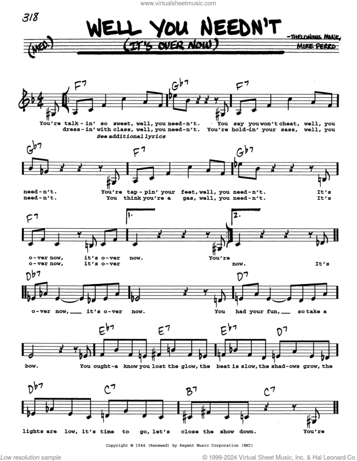 Well You Needn't (It's Over Now) (Low Voice) sheet music for voice and other instruments (real book with lyrics) by Thelonious Monk and Mike Ferro, intermediate skill level