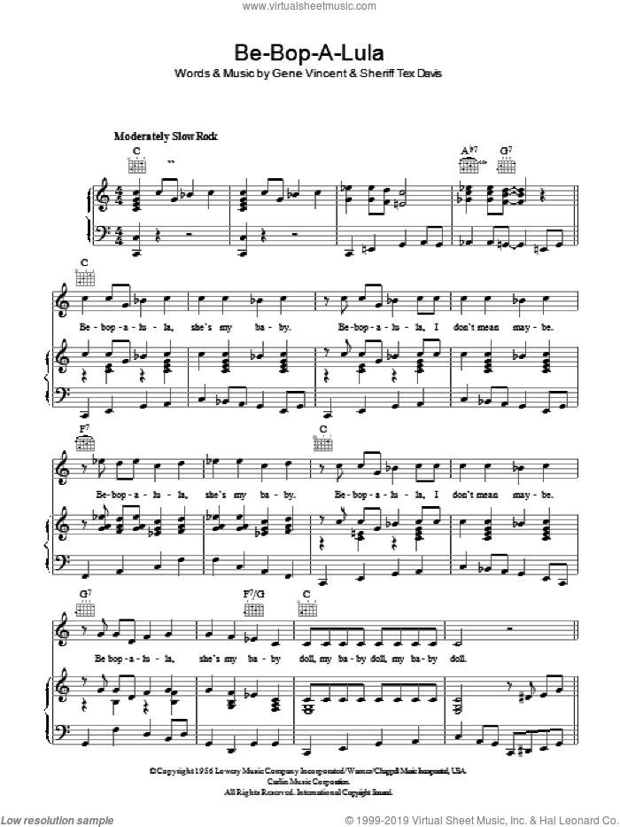 Be-Bop-A-Lula sheet music for voice, piano or guitar by Gene Vincent and Sheriff Tex Davis, intermediate skill level