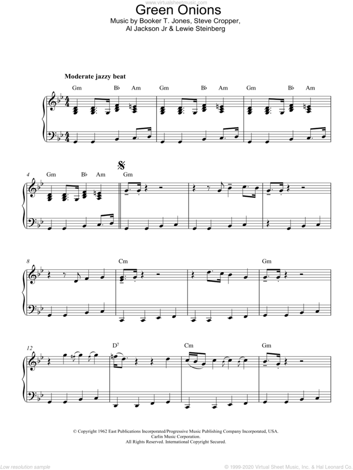 Green Onions sheet music for piano solo by Booker T. & The MG's, Al Jackson Jr, Booker T. Jones, Lewie Steinberg and Steve Cropper, intermediate skill level