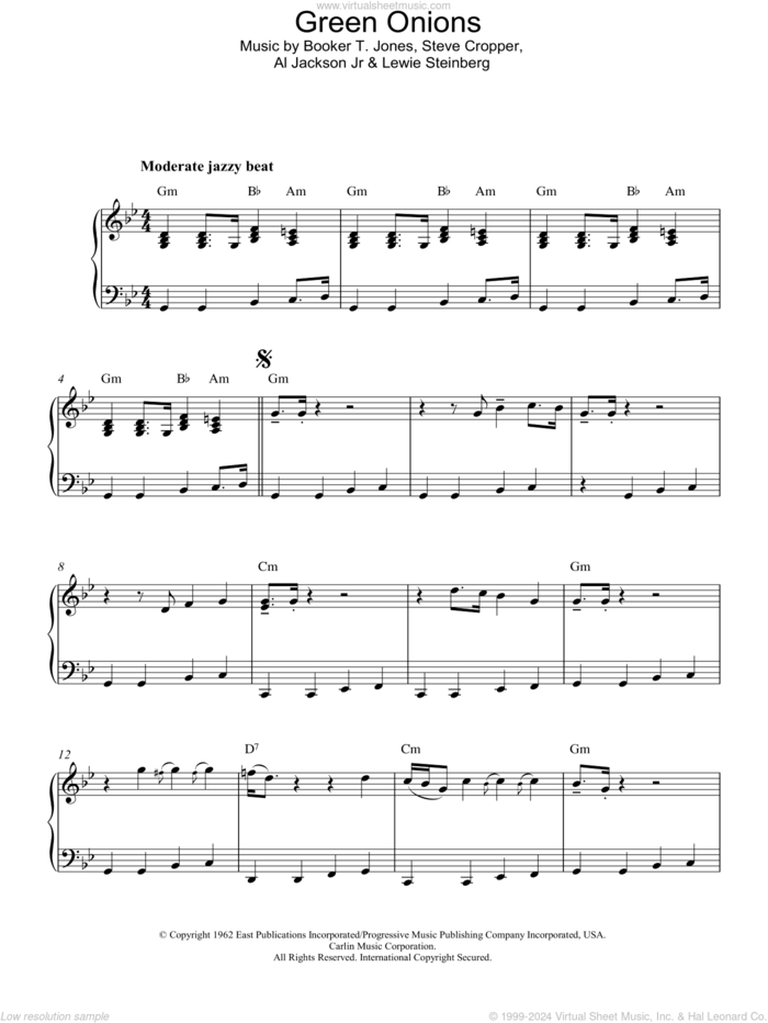 Green Onions sheet music for piano solo by Booker T. & The MG's, Al Jackson Jr, Booker T. Jones, Lewie Steinberg and Steve Cropper, intermediate skill level