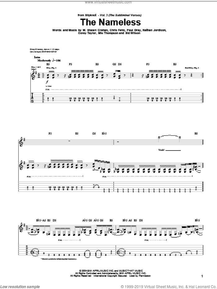 The Nameless sheet music for guitar (tablature) by Slipknot, Chris Fehn, Corey Taylor, M. Shawn Crahan, Mic Thompson, Nathan Jordison, Paul Gray and Sid Wilson, intermediate skill level