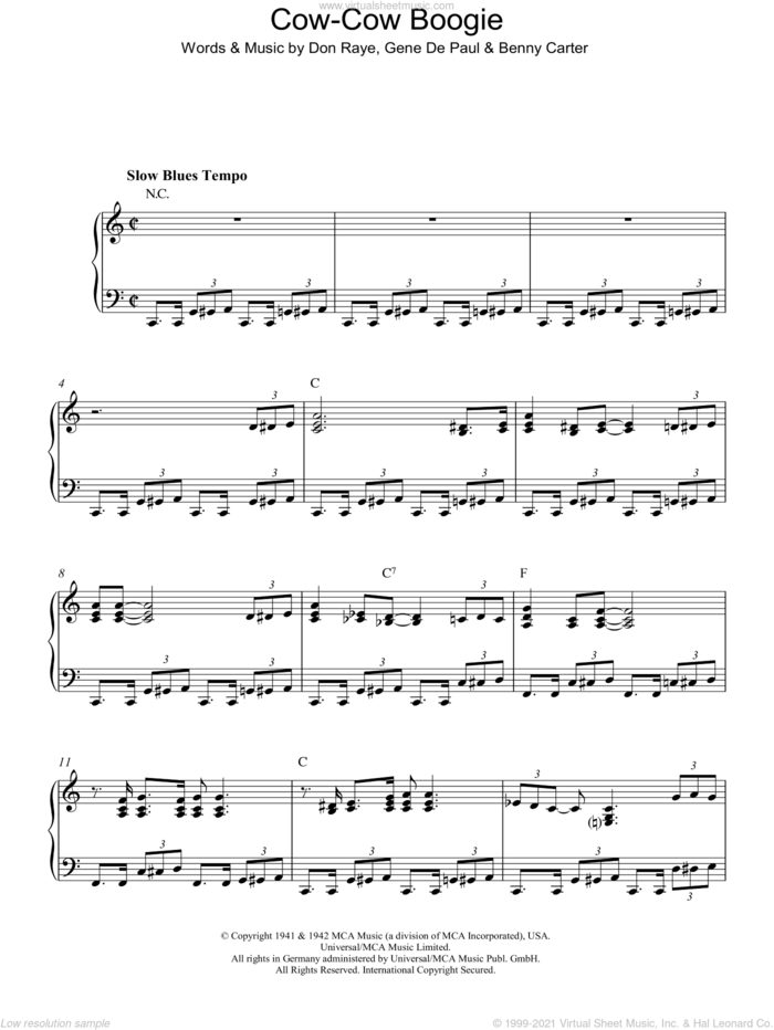 Cow-Cow Boogie sheet music for piano solo by Ella Fitzgerald, Benny Carter, Don Raye and Gene DePaul, intermediate skill level
