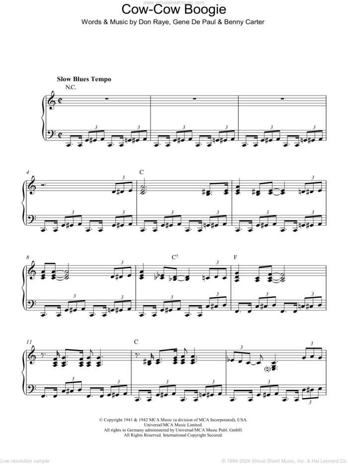 Cow-Cow Boogie sheet music for piano solo by Ella Fitzgerald, Benny Carter, Don Raye and Gene DePaul, intermediate skill level