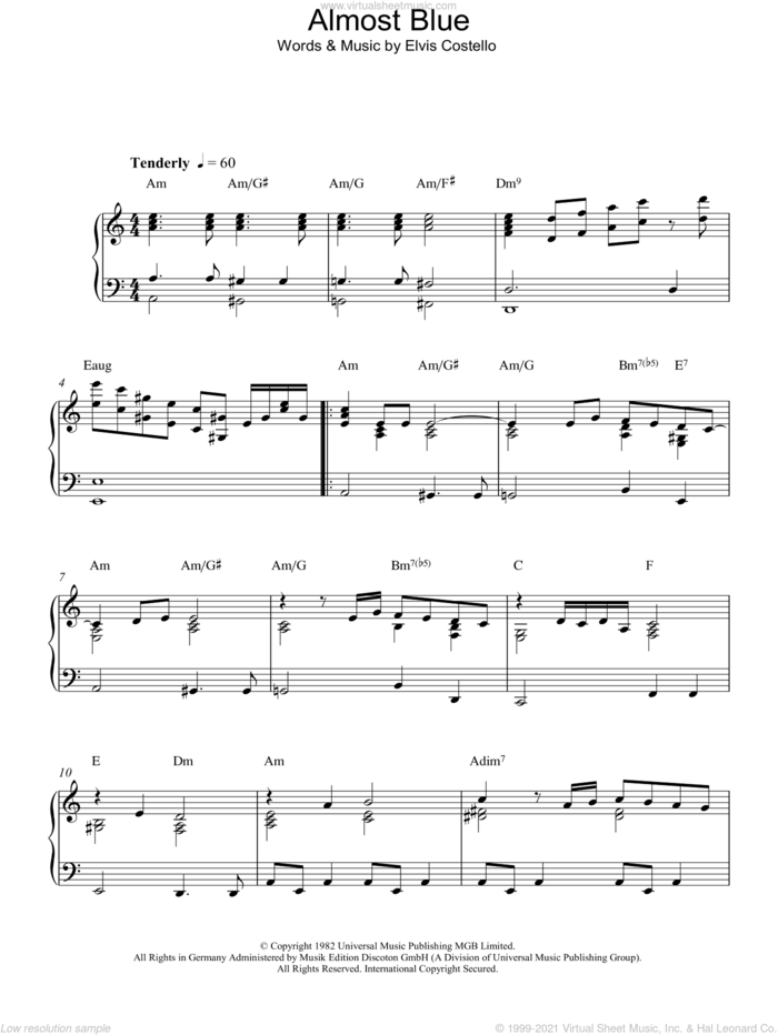 Almost Blue sheet music for piano solo by Elvis Costello and Diana Krall, intermediate skill level