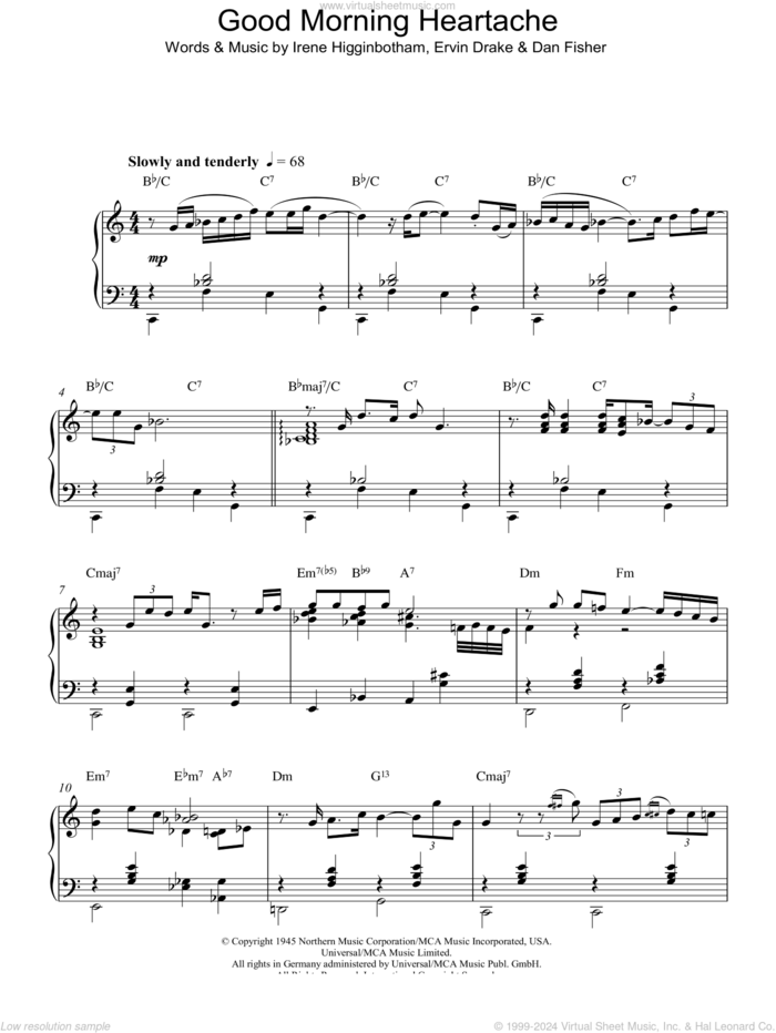 Good Morning Heartache, (intermediate) sheet music for piano solo by Billie Holiday, Dan Fisher, Ervin Drake and Irene Higginbotham, intermediate skill level