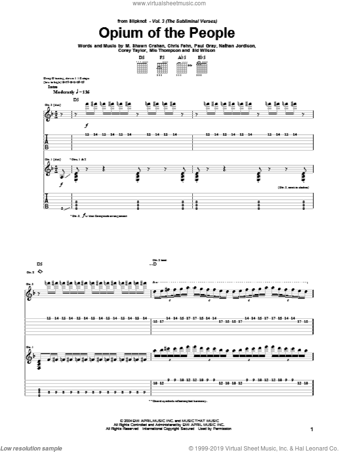 Opium Of The People sheet music for guitar (tablature) by Slipknot, Chris Fehn, Corey Taylor, M. Shawn Crahan, Mic Thompson, Nathan Jordison, Paul Gray and Sid Wilson, intermediate skill level