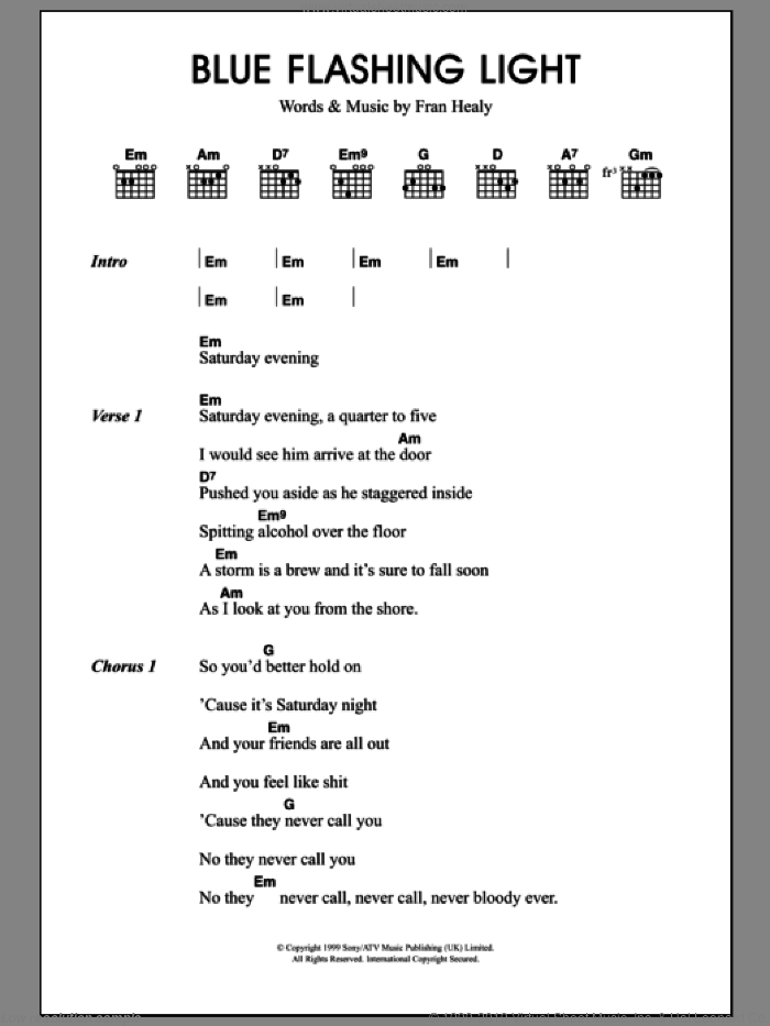 Blue Flashing Light sheet music for guitar (chords) by Merle Travis and Fran Healy, intermediate skill level