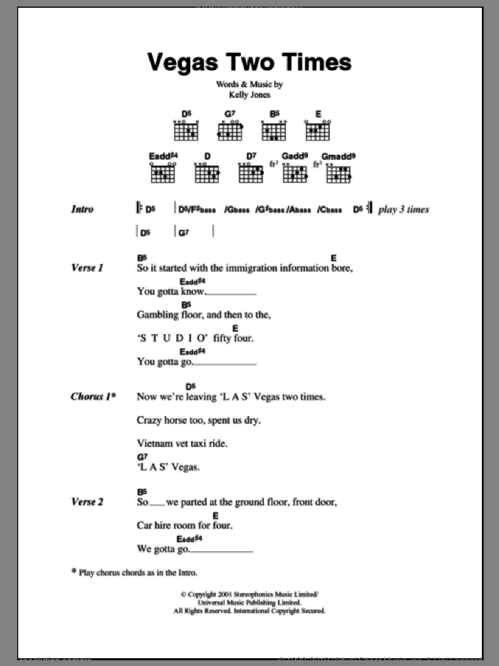 Vegas Two Times sheet music for guitar (chords) by Stereophonics and Kelly Jones, intermediate skill level