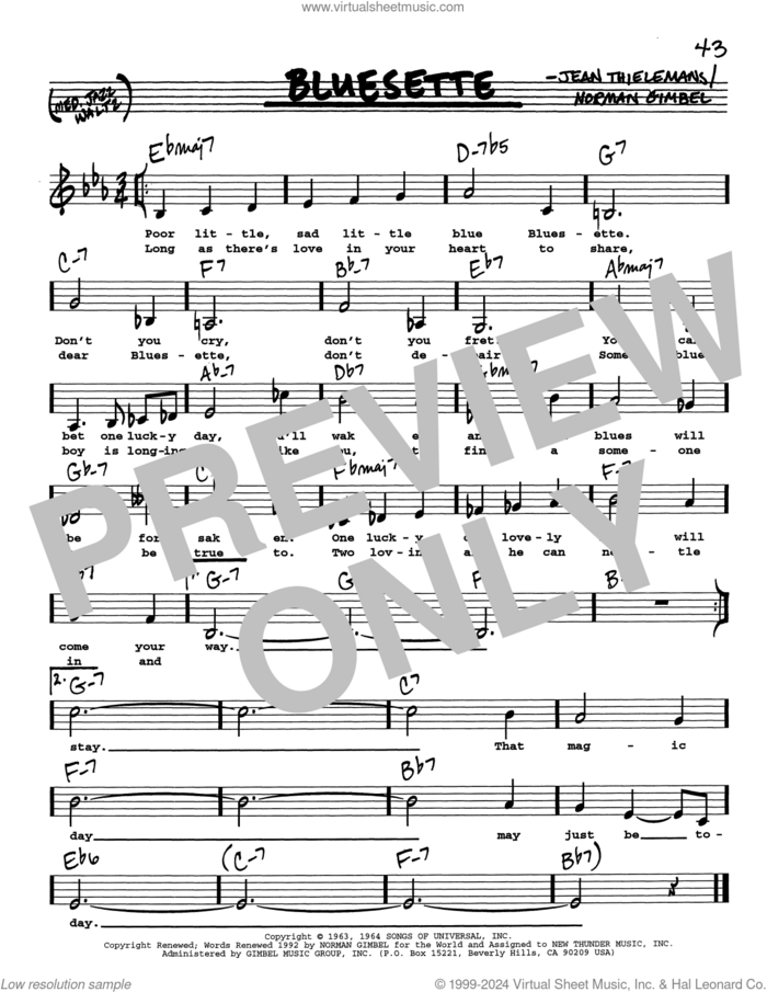 Bluesette (Low Voice) sheet music for voice and other instruments (real book with lyrics) by Toots Thielemans, Sarah Vaughn, Jean Thielemans and Norman Gimbel, intermediate skill level
