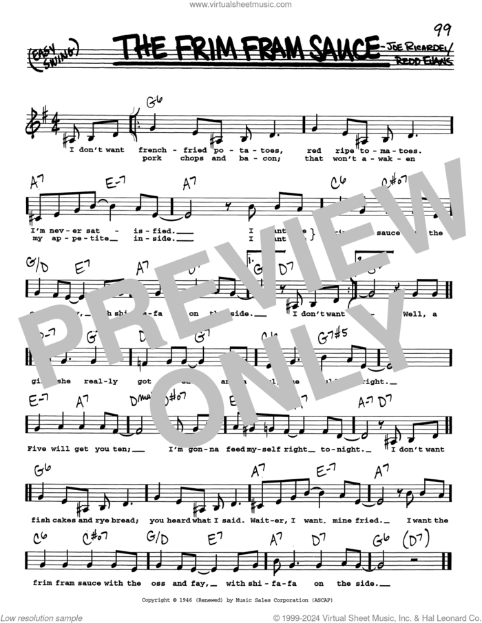 The Frim Fram Sauce (Low Voice) sheet music for voice and other instruments (real book with lyrics) by Redd Evans and Joe Ricardel, intermediate skill level