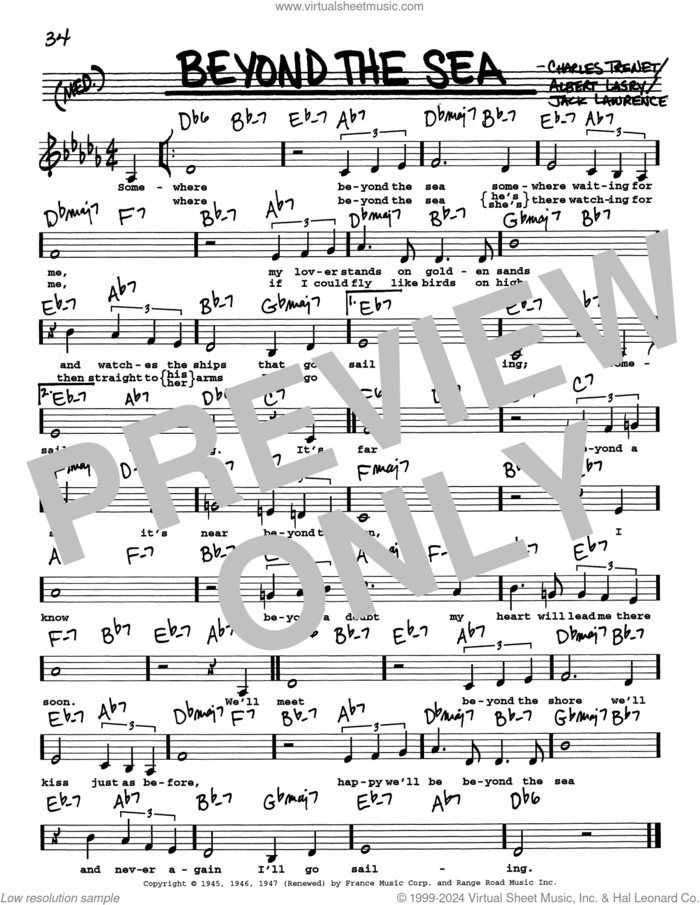 Beyond The Sea (Low Voice) sheet music for voice and other instruments (real book with lyrics) by Bobby Darin, Albert Lasry, Charles Trenet and Jack Lawrence, intermediate skill level