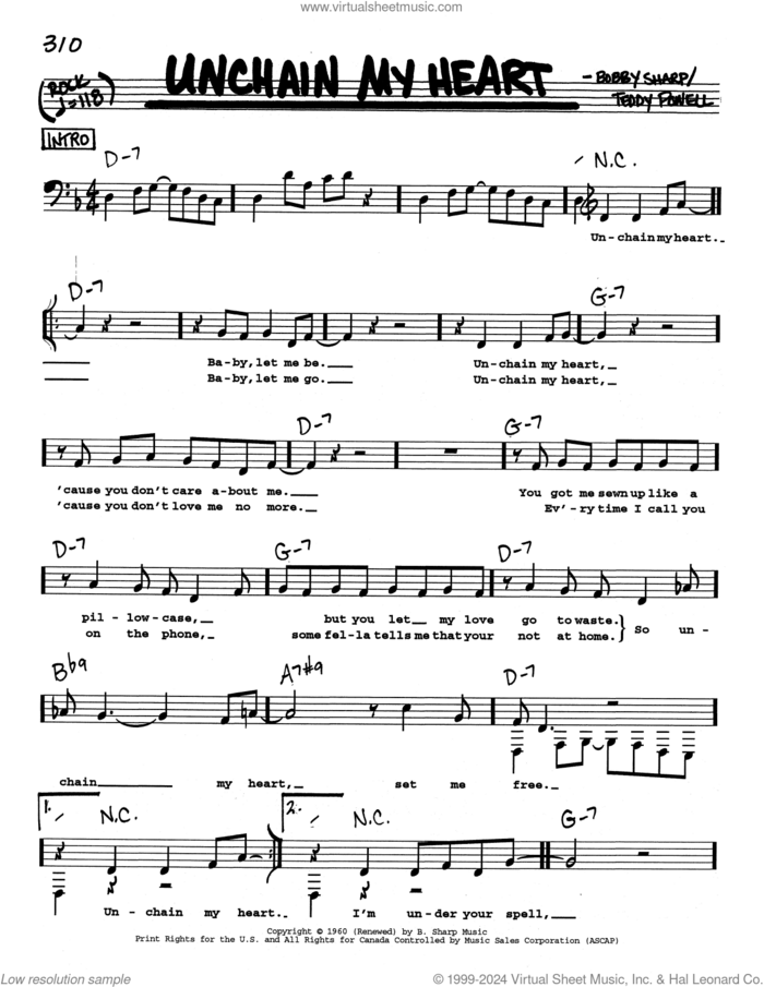 Unchain My Heart (Low Voice) sheet music for voice and other instruments (real book with lyrics) by Ray Charles, Bobby Sharp and Teddy Powell, intermediate skill level