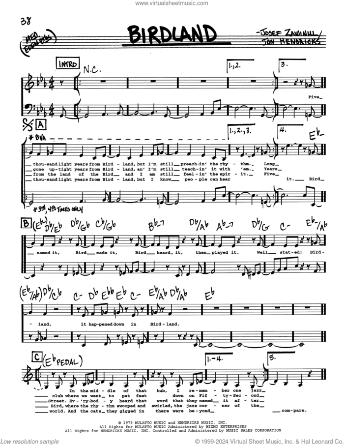 Birdland (Low Voice) sheet music for voice and other instruments (real book with lyrics) by Jon Hendricks and Josef Zawinul, intermediate skill level