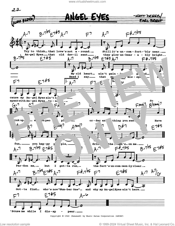 Angel Eyes (Low Voice) sheet music for voice and other instruments (real book with lyrics) by Matt Dennis and Earl Brent, intermediate skill level