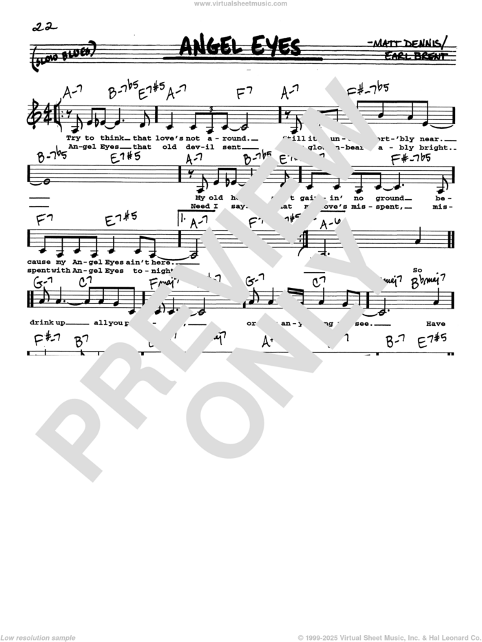 Angel Eyes (Low Voice) sheet music for voice and other instruments (real book with lyrics) by Matt Dennis and Earl Brent, intermediate skill level