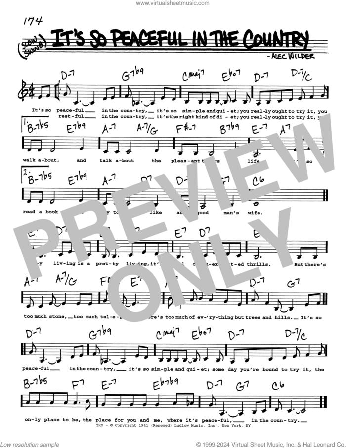It's So Peaceful In The Country (Low Voice) sheet music for voice and other instruments (real book with lyrics) by Alec Wilder, intermediate skill level