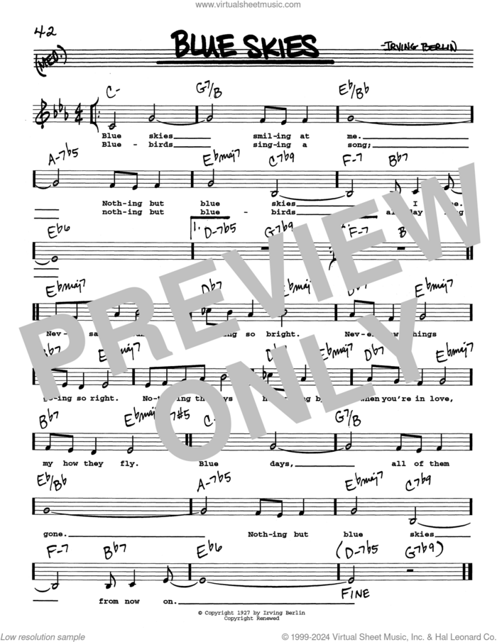 Blue Skies (Low Voice) sheet music for voice and other instruments (real book with lyrics) by Irving Berlin, intermediate skill level