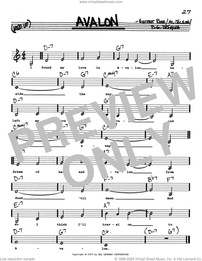 Avalon (Low Voice) sheet music for voice and other instruments (real book with lyrics) by Buddy DeSylva, Al Jolson and Vincent Rose, intermediate skill level