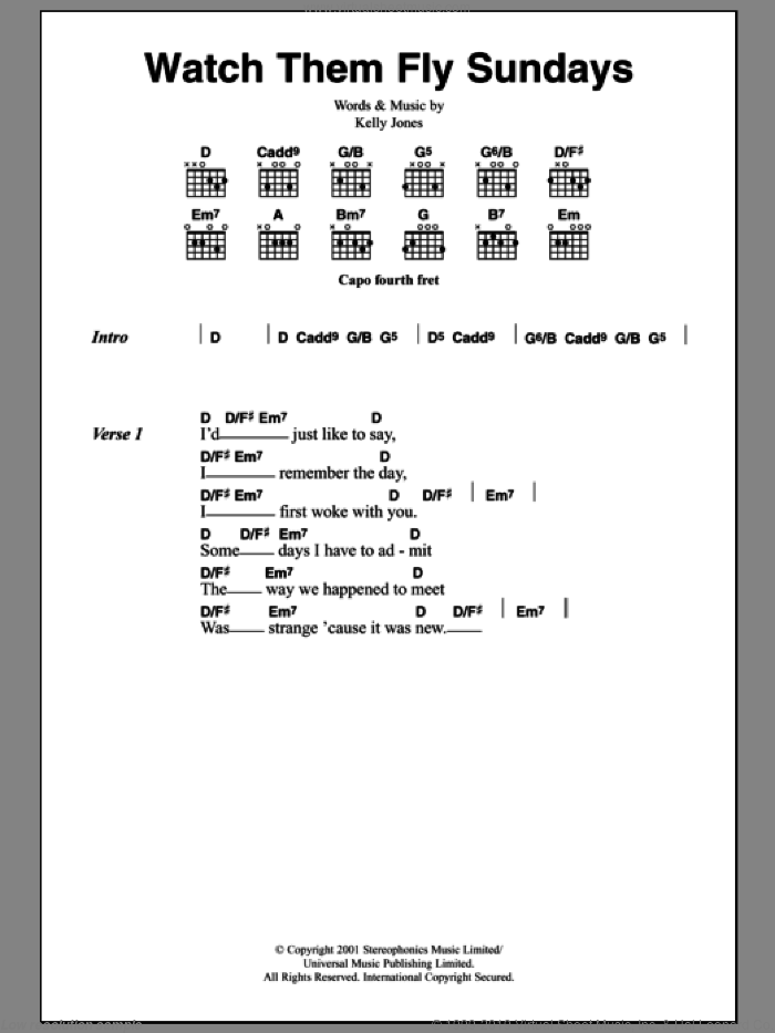 Watch Them Fly Sundays sheet music for guitar (chords) by Stereophonics and Kelly Jones, intermediate skill level