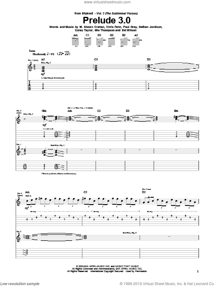 Prelude 3.0 sheet music for guitar (tablature) by Slipknot, Chris Fehn, Corey Taylor, M. Shawn Crahan, Mic Thompson, Nathan Jordison, Paul Gray and Sid Wilson, intermediate skill level