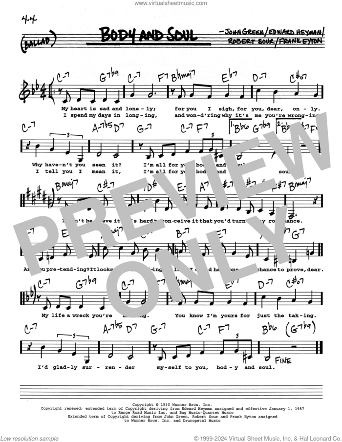 Body And Soul (Low Voice) sheet music for voice and other instruments (real book with lyrics) by Edward Heyman, Frank Eyton, Johnny Green and Robert Sour, intermediate skill level