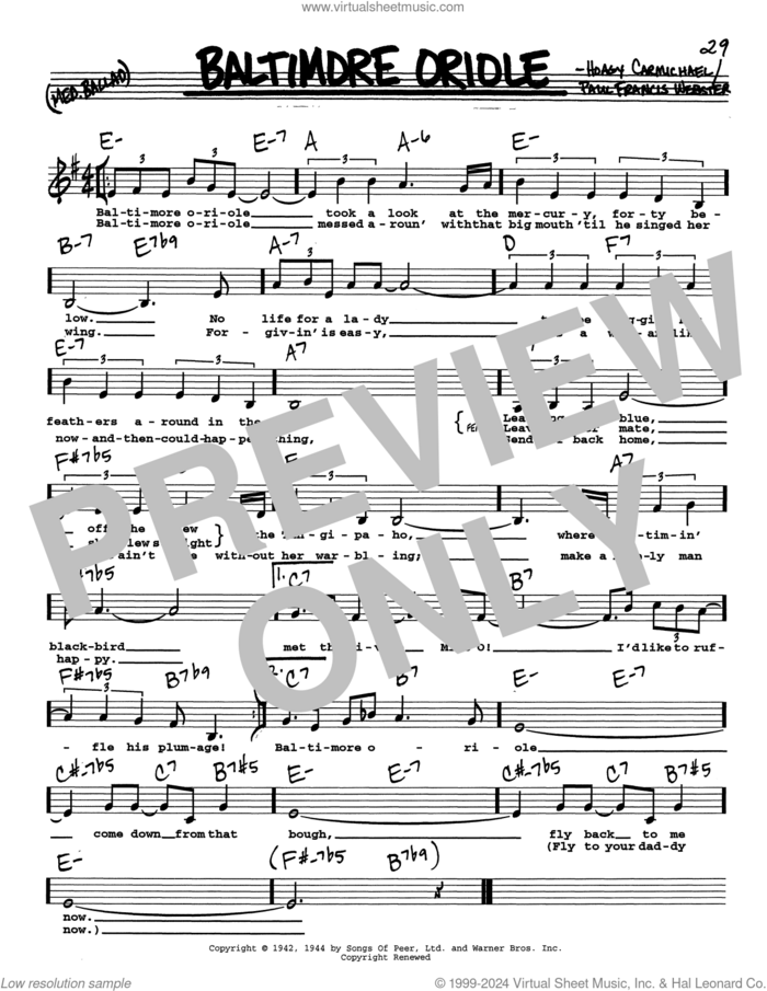 Baltimore Oriole (Low Voice) sheet music for voice and other instruments (real book with lyrics) by Hoagy Carmichael and Paul Francis Webster, intermediate skill level