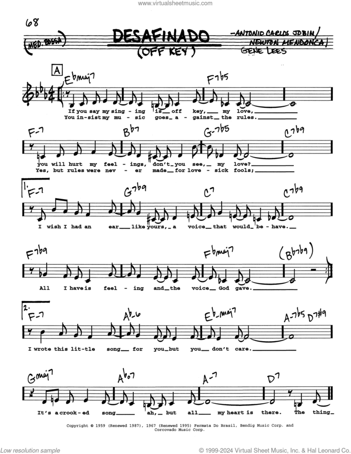 Desafinado (Off Key) (Low Voice) sheet music for voice and other instruments (real book with lyrics) by Antonio Carlos Jobim, Eugene John Lees and Newton Mendonca, intermediate skill level