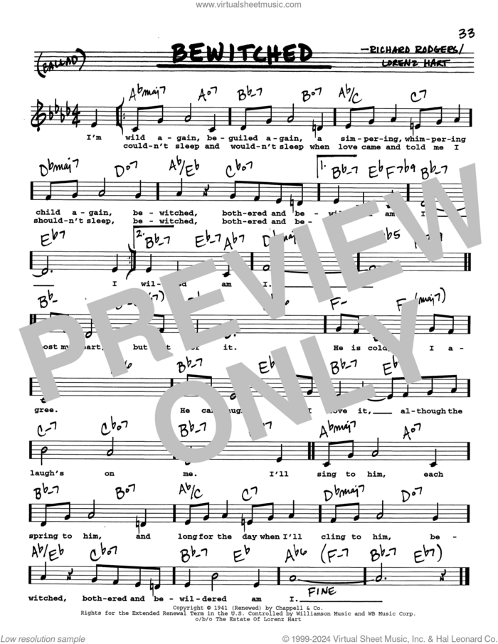 Bewitched (Low Voice) sheet music for voice and other instruments (real book with lyrics) by Richard Rodgers, Lorenz Hart and Rodgers & Hart, intermediate skill level