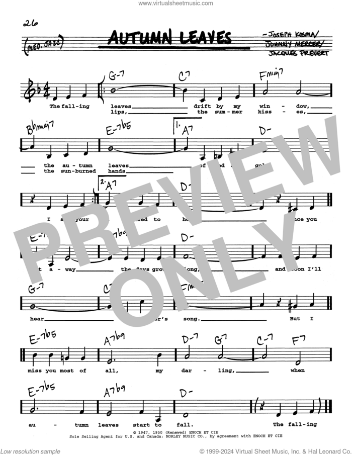 Autumn Leaves (Low Voice) sheet music for voice and other instruments (real book with lyrics) by Johnny Mercer, Jacques Prevert and Joseph Kosma, intermediate skill level