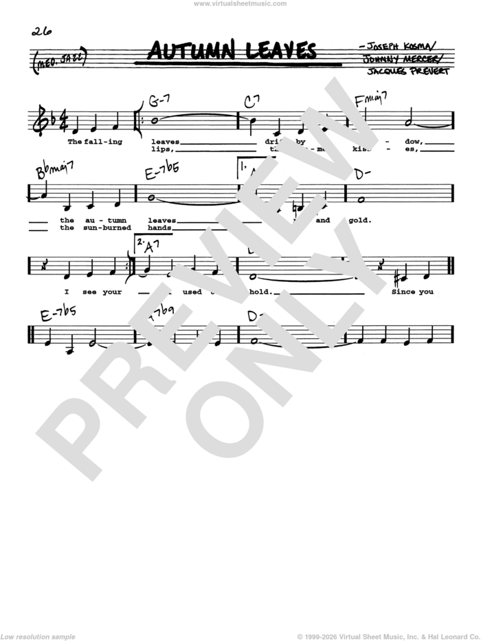 Autumn Leaves (Low Voice) sheet music for voice and other instruments (real book with lyrics) by Johnny Mercer, Jacques Prevert and Joseph Kosma, intermediate skill level