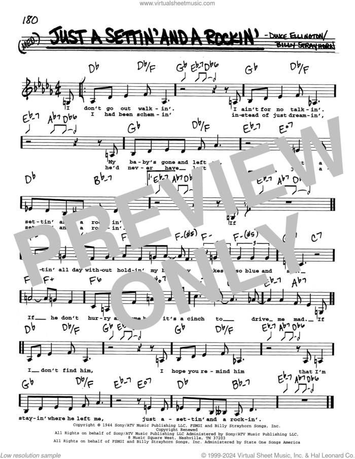 Just A Settin' And A Rockin' (Low Voice) sheet music for voice and other instruments (real book with lyrics) by Duke Ellington, Billy Strayhorn and Lee Gaines, intermediate skill level