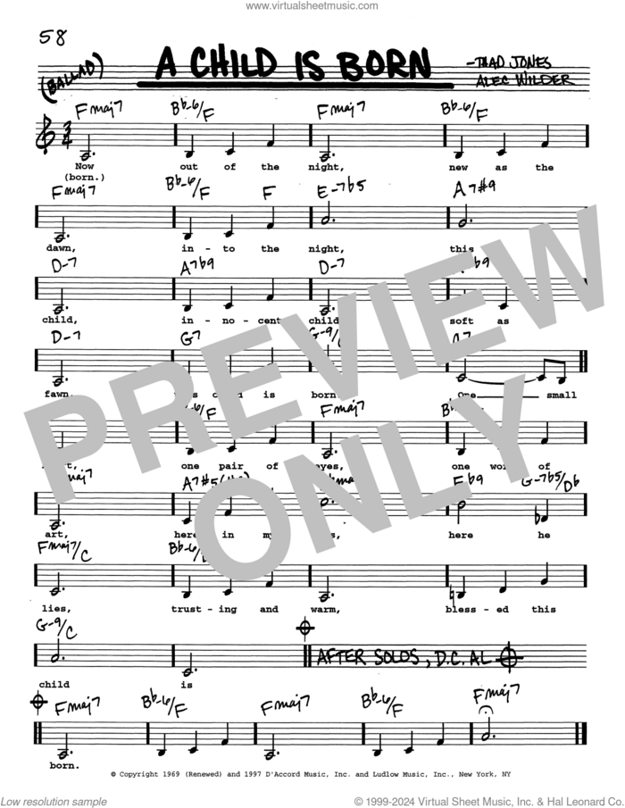 A Child Is Born (Low Voice) sheet music for voice and other instruments (real book with lyrics) by Alec Wilder and Thad Jones, intermediate skill level