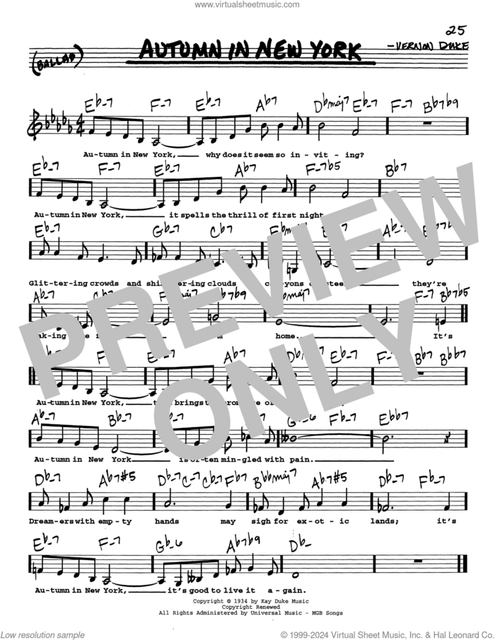Autumn In New York (Low Voice) sheet music for voice and other instruments (real book with lyrics) by Vernon Duke, intermediate skill level
