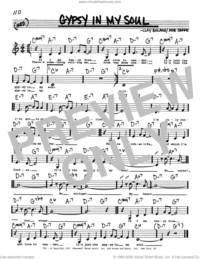 Gypsy In My Soul (Low Voice) sheet music for voice and other instruments (real book with lyrics) by Moe Jaffe and Clay Boland, intermediate skill level