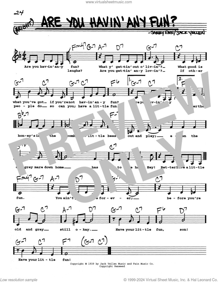 Are You Havin' Any Fun? (Low Voice) sheet music for voice and other instruments (real book with lyrics) by Sammy Fain and Jack Yellen, intermediate skill level