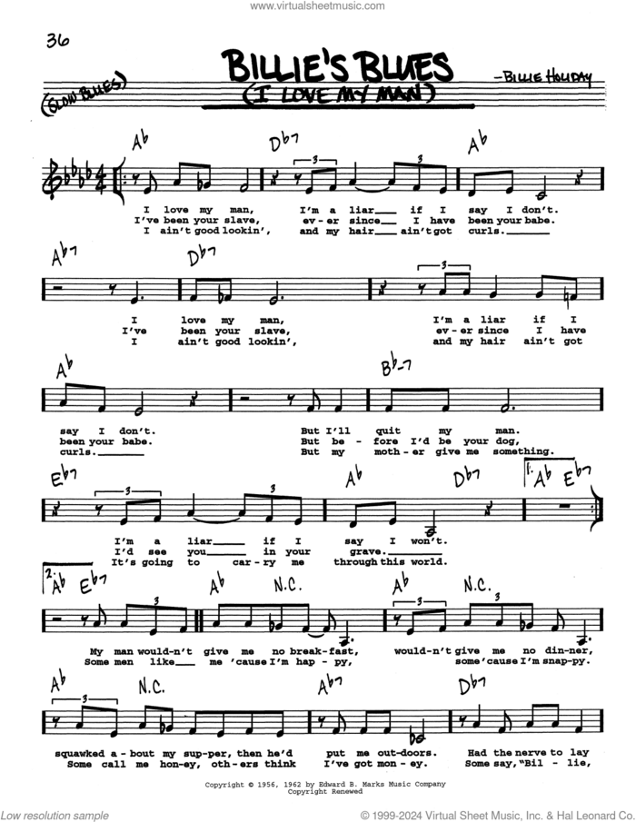 Billie's Blues (I Love My Man) (Low Voice) sheet music for voice and other instruments (real book with lyrics) by Billie Holiday, intermediate skill level