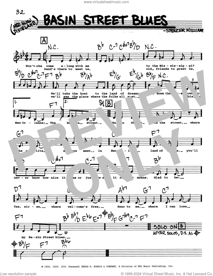 Basin Street Blues (Low Voice) sheet music for voice and other instruments (real book with lyrics) by Spencer Williams, intermediate skill level