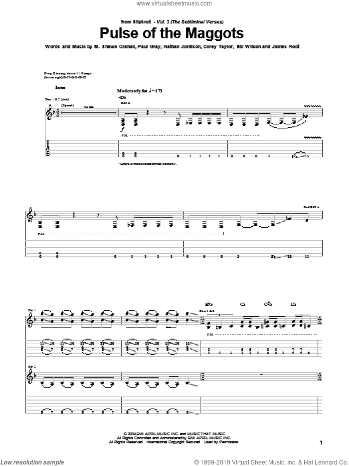 Pulse Of The Maggots sheet music for guitar (tablature) by Slipknot, Corey Taylor, James Root, M. Shawn Crahan, Nathan Jordison, Paul Gray and Sid Wilson, intermediate skill level
