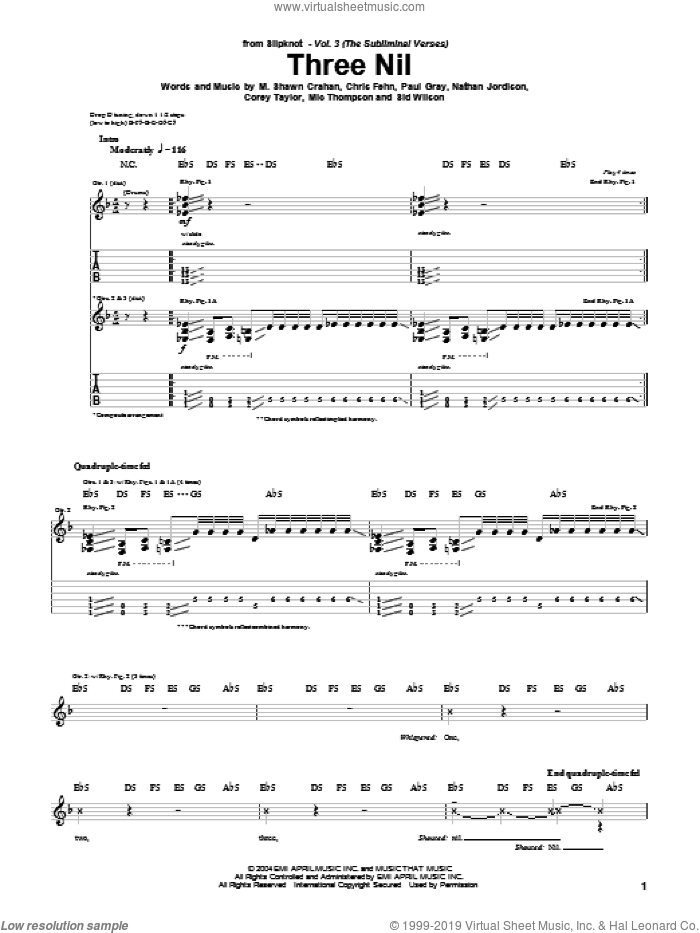 Three Nil sheet music for guitar (tablature) by Slipknot, Chris Fehn, Corey Taylor, M. Shawn Crahan, Mic Thompson, Nathan Jordison, Paul Gray and Sid Wilson, intermediate skill level