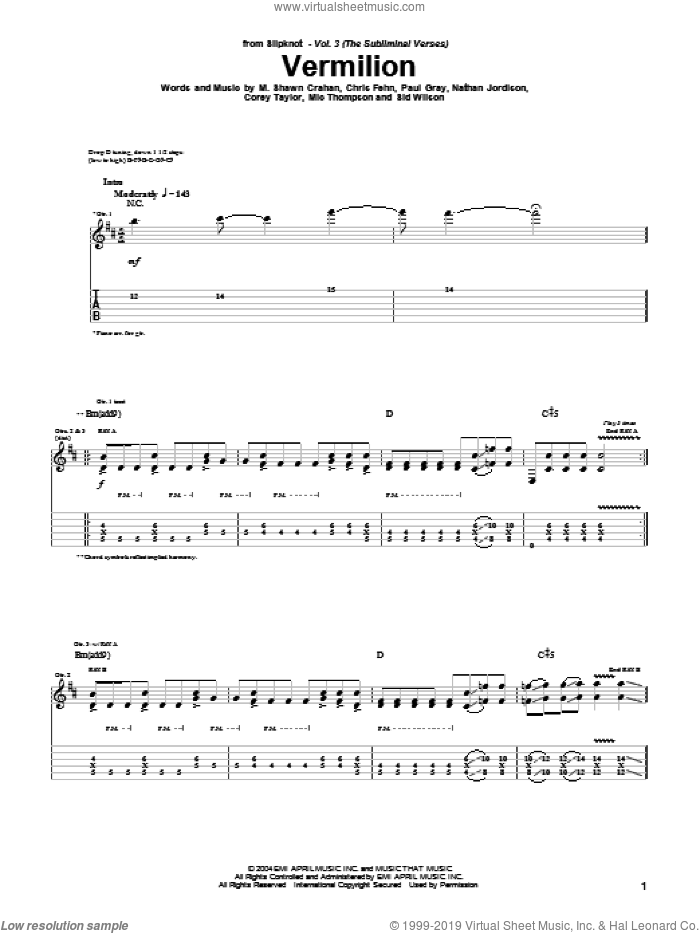 Vermilion sheet music for guitar (tablature) by Slipknot, Chris Fehn, Corey Taylor, M. Shawn Crahan, Mic Thompson, Nathan Jordison, Paul Gray and Sid Wilson, intermediate skill level