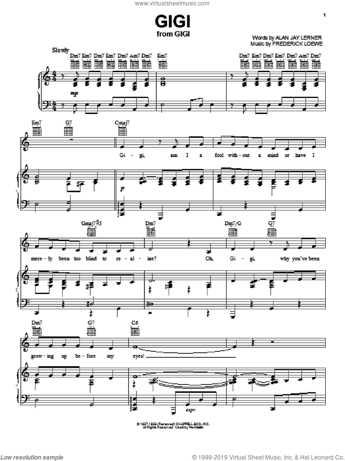Gigi sheet music for voice, piano or guitar by Lerner & Loewe, Gigi (Musical), Alan Jay Lerner and Frederick Loewe, intermediate skill level